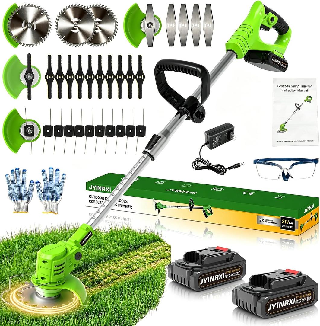 Cordless Weed Wacker Electric,21V Stringless Battery Powered Weed Trimmer Eater,Weed Wacker with Charger 2 Battery and 26Pcs Blades,String Trimmer/Brush Cutter/Edger for Yard and Garden