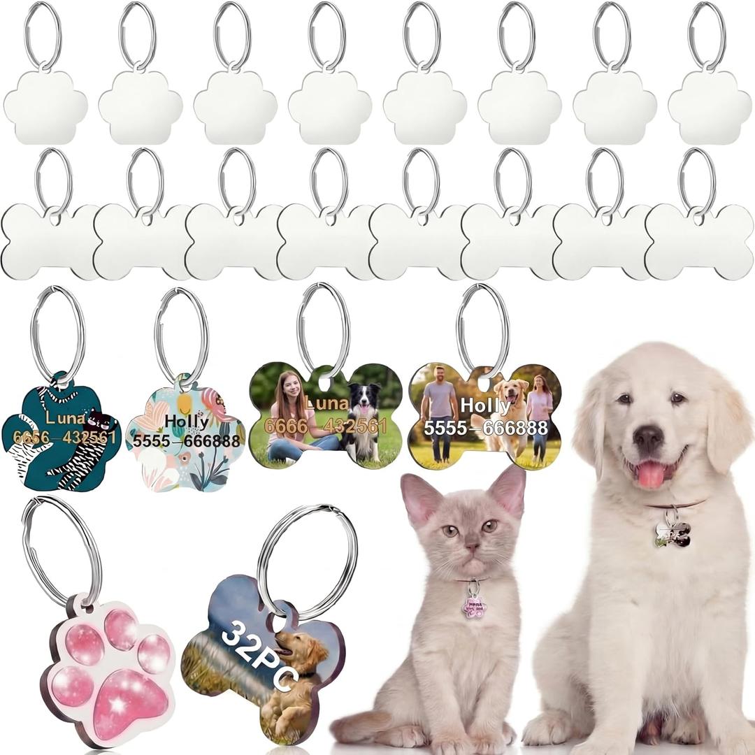 Xuniea 32 Pcs Sublimation Blank Dog Tag Set Bone Paw Shape Dog ID Name Tags Double Sided MDF Sublimation Keychain Blanks Collar Pendent with 16 Key Rings for Pet Personalized(Paw and Bone Style)
