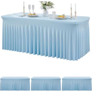 3 Packs Baby Blue Spandex Tablecloths for 6 Foot Rectangle Tables, Stretchy Fitted 6FT Blue Table Skirt for Wedding Party, Wrinkle Free Tablecloths for Banquet Wedding Birthday Party