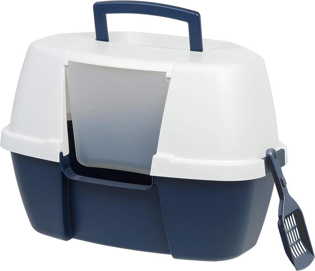 IRIS USA Corner Cat Litter Box Enclosure with Scoop, Small Cat Litter Box with Lid, Corner Litter Box Enclosure for Kittens to Medium Sized Cats, Odor Defensive Hooded Litter Tray, Navy/White