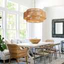 3-Tier Large Farmhouse Rattan Chandeliers, 22.8in Wicker Hanging Pendant Lights, Woven Boho Chandeliers, Hemp Rope Lighting Fixture for Kitchen Island, Dining Room, Living Room