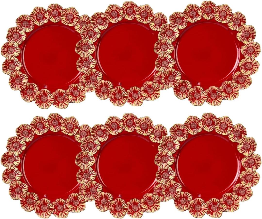 Red Charger Plates with Flower Rim, 13" Round Charger for Dinner Plates, Set of 6 Plastic Plate Chargers for Halloween, Thanksgivng, Christmas