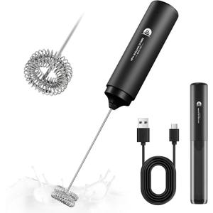 Rechargeable Milk Frother Handheld, 2-IN-1 Dual Spring Whisk Electric Frother Wand for Cappuccino Latte Macchiato, Portable Drink Mixer for Coffee, Matcha, Hot Chocolate (Black)