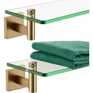 KOKOSIRI Wall Shelves Bathroom Hardware Tempered Glass Floating Shelf Hanging Rack Storage/Room Decor 20-Inch Champagne Bronze 2 Pack B1105CPG-L20-P2