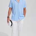 JEKAOYI Mens Casual Linen Button Down Short Sleeve Shirts Beach Summer Spread Collar Pocket Tops (Blue, L)