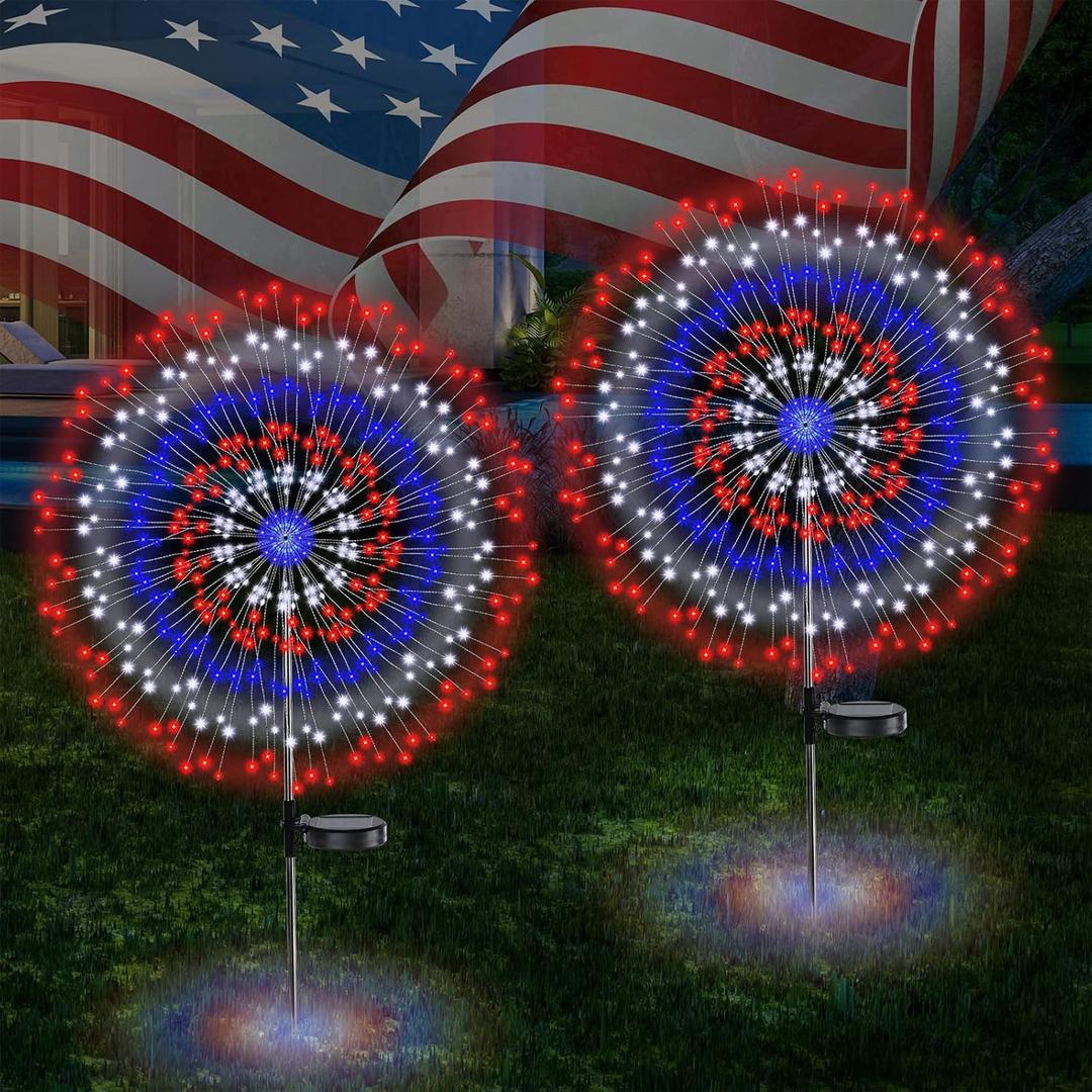 Enhon 2 Pack 4th of July Solar Firework Lights, Each 360 LEDs Red White Blue Lights 8 Modes Solar Outdoor Waterproof Garden Pathway Stake Lights for Fourth of July Patriotic Lawn Patio Yard Decoration