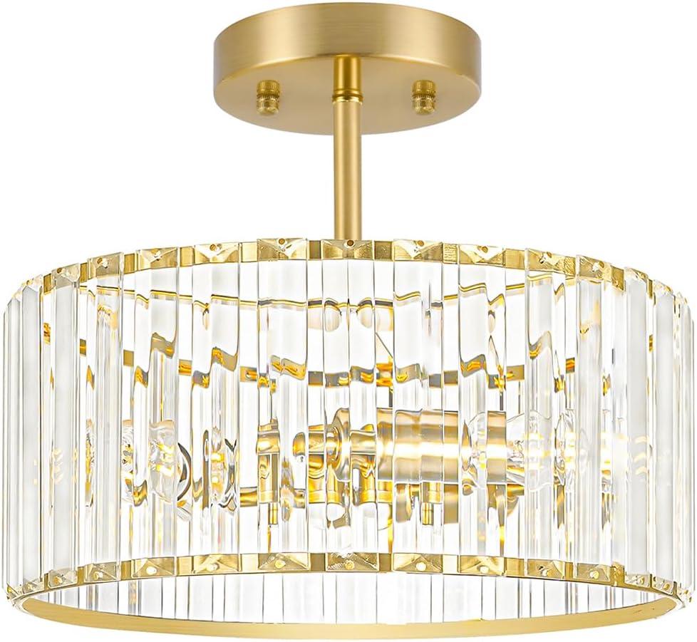 Modern Crystal Ceiling Light, Brushed Gold Semi Flush Mount Ceiling Lighting Fixture, Brass Hallway Light Fixtures Chandelier for Kitchen, Bedroom Dining Room Hallway Closet, 3-Light, 12 Inch