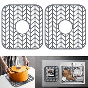 Silicone Sink Protector Mat for Kitchen Sink Bottom, 12” x 11” with 2” Center Drain Hole, Flexible Non-Slip Sink Grid Mat for Farmhouse Sink, Dish Protection and Drainage