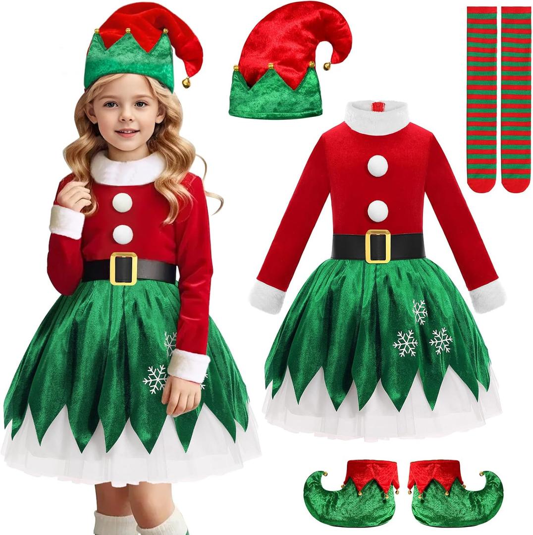 Gorkonpy Elf Costume for Girls Kids Christmas Girl Elf Dress Costume (5-6 Years, Red)