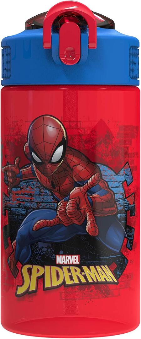 Zak Designs Marvel SpiderMan Kids Spout Cover and Built-in Carrying Loop Made of Plastic, Leak-Proof Water Bottle Design (16 oz, BPA-Free)