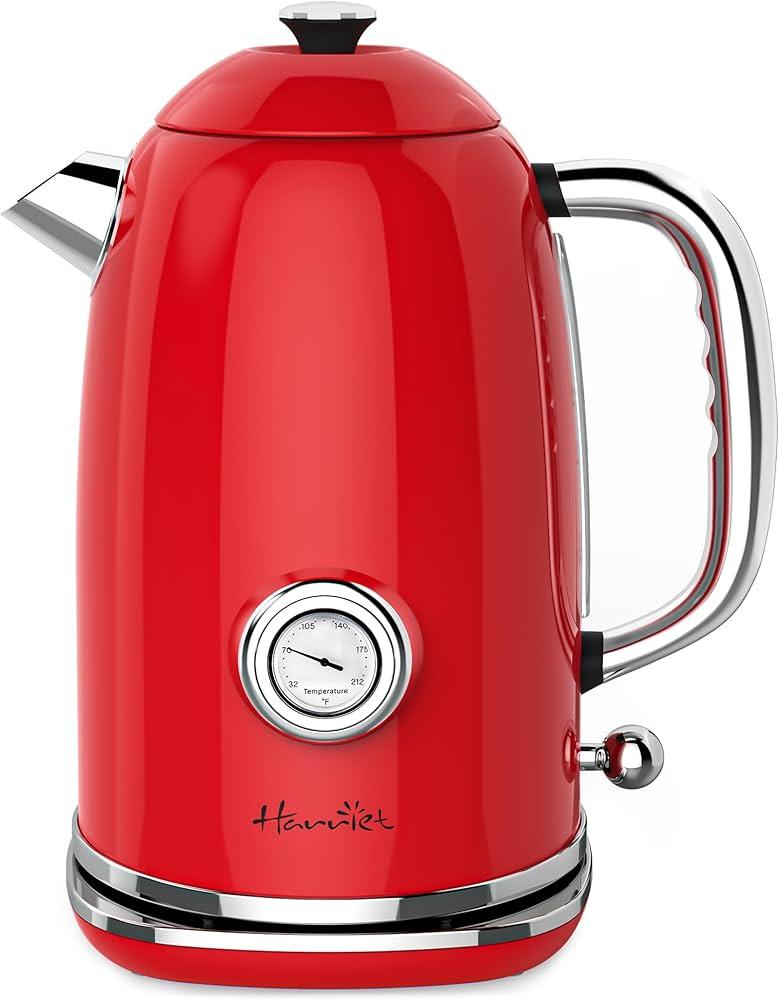 Harriet Electric Kettle, 1.8L Retro Electric Tea Kettle with Thermometer, 1500W Stainless Steel Hot Water Kettle Electric with LED Indicator, Fast Boiling, Cordless, Auto Shut-Off, Red