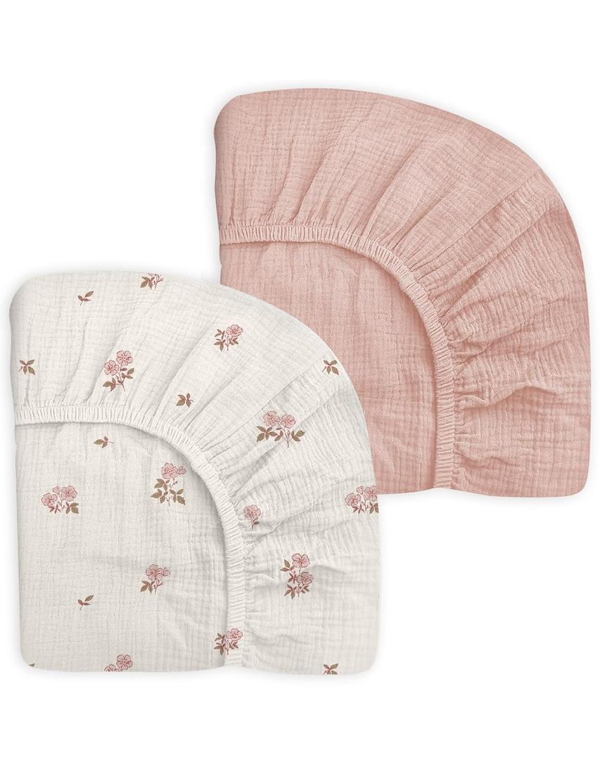Pack and Play Sheets for Baby Boy and Girl 2 Pack, Neutral Muslin Cotton Pack N Play Mattresses Sheet 27"x39", Muslin Nursery Bedding Soft and Breathable Comfort (Vintage Blossom & Pink)