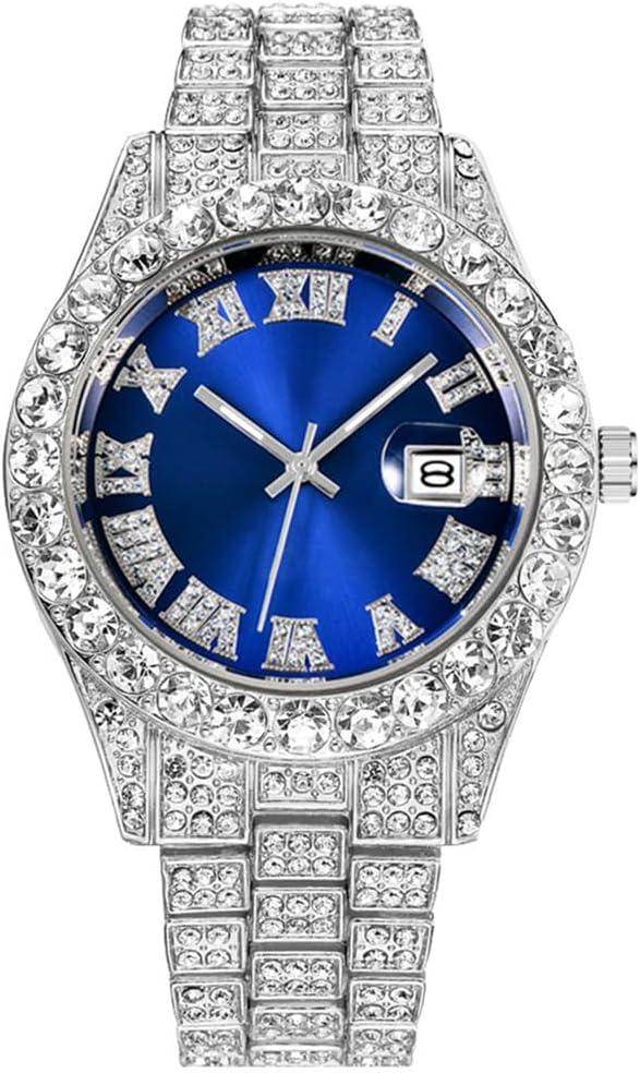 Hip Hop Watches for Men Iced-Out Bling Diamond Luxury Quartz Watches with Date (42mm Silver Blue)