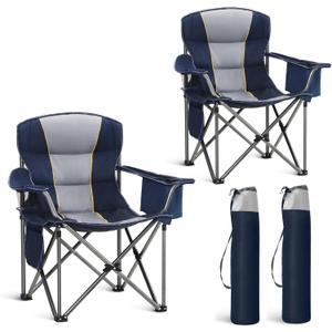 HIGH POINT SPORTS Oversized Portable Camping Folding Chair, Heavy Duty Portable Lawn Chairs, Folding Chairs for Outside with Cup Holder and Cooler Bag for Camp, Travel, Support 450 LBS, 2 Pack,Blue