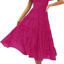 ZESICA Women's 2025 Summer Square Neck Short Puff Sleeve Solid Color High Waist Casual Smocked Flowy A Line Tiered Midi Dress, M