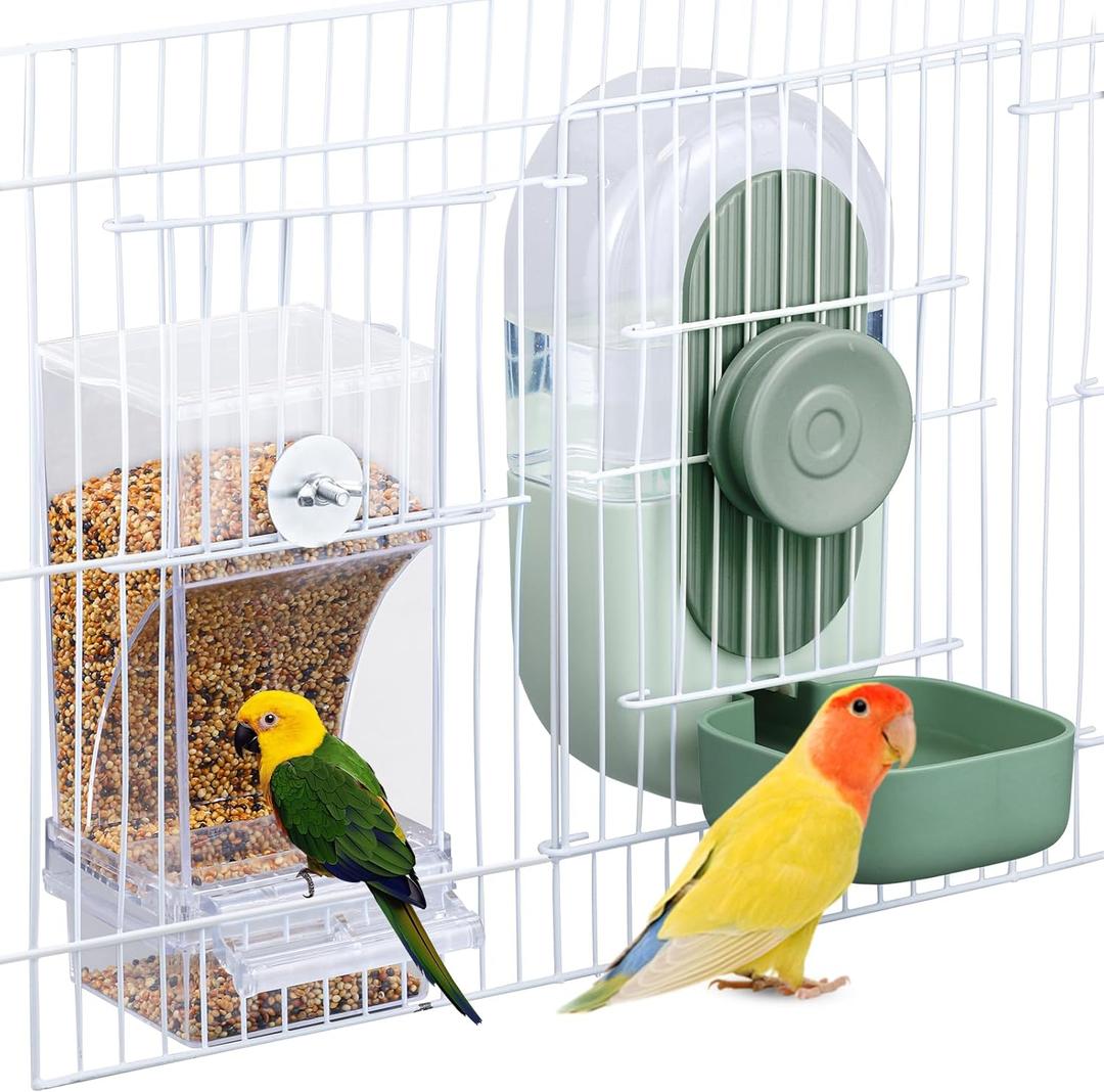 No Mess Bird Feeder & Water Dispenser Set - Automatic Feeding & Hydration, Parakeet Cage Accessories for Parrots, Cockatiels, Finches, Lovebirds & Budgies (Green)