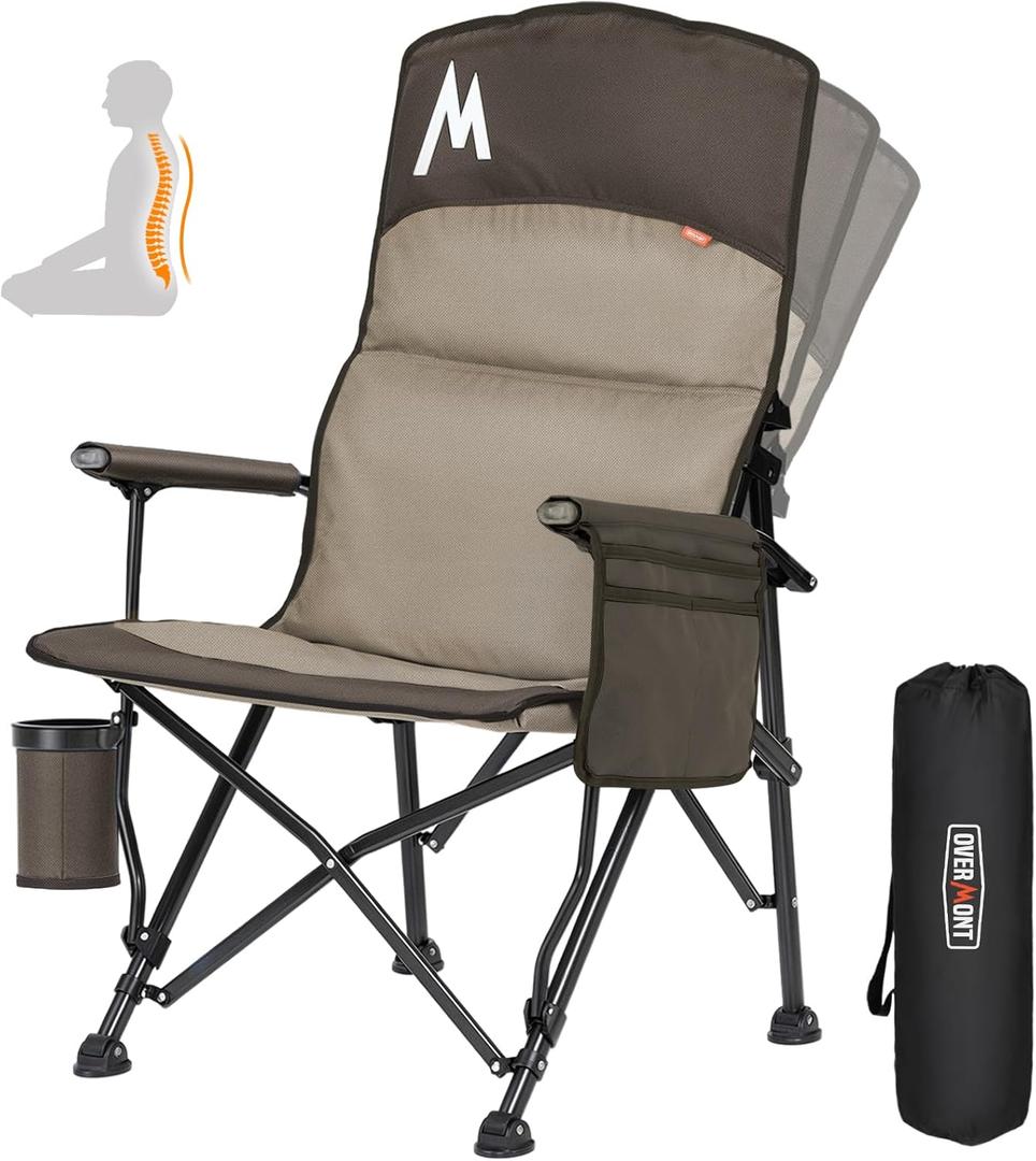 Overmont Camping Chair with Lumbar Support for Adults - Oversized with High Back Supports 450 LBS - Heavy Duty Folding Chair Portable for Outdoor Lawn Patio Balcony with Patent No.: US D1.028.543 S (Brown)
