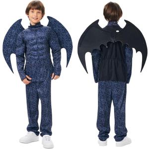 Bat Costume Kids Muscle Suit with Bat Wings for Boys Full Set Outfits Halloween Cosplay (Medium, Blue)