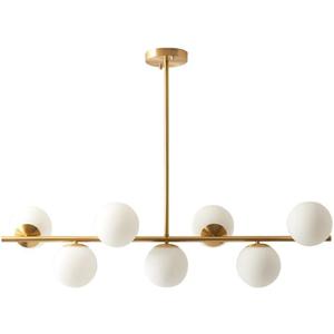 KCO Lighting Modern Brass Linear Chandelier Pendant Light 7-Lights Gold and White Glass Pendant Lighting Mid Century Globe Dining Light Fixture for Living Room Kitchen