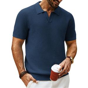 PJ PAUL JONES Mens Polo Shirts Short Sleeve Textured Knit V Neck Shirt Casual Golf Shirts Stylish Old Money Tops, Large