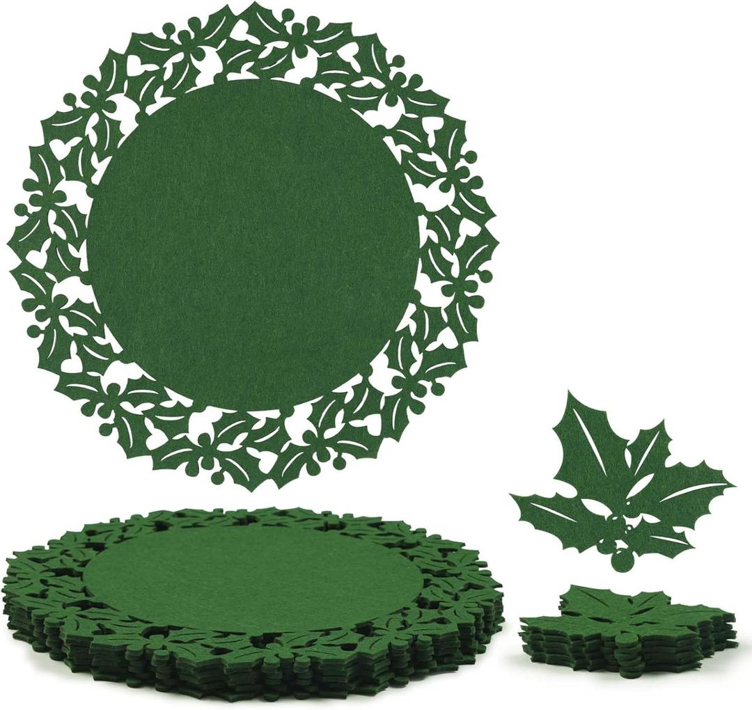 Noctiflorous Round Felt Placemats with Coasters Set of 6 Diameter 13 inch Non Slip Place Mats Heat Resistant Durable Tablemats Fall Table Decorations for Dining Table(Christmas Green, 6)
