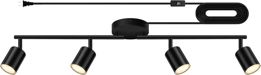 Plug in Track Lighting LED, Track Lighting Fixtures Ceiling, Black 4-Light Kitchen Light Kit, Plug in Wall Light with 14.8ft Power Cord, Rotatable Ceiling Spotlight for Bedroom(GU10 Socket, NO Bulb)