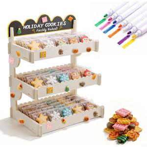3 Tier Cookie Display Stand, Wooden Cookie Stand with Chalkboard Sign and Miniature Food Models for Decoration, Tiered Cookie Display for Bakeries, Markets, Events, Cupcakes and Pastries
