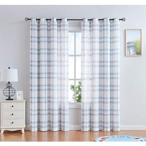 Randall Linen Window Curtain Panel Pairs for Living Room 84" Long Geometric Check Grommets Top Semi Sheer Window Treatment Heavy Rustic Farmhouse Style Drapes for Bedroom 54"x84"x2, Blue White