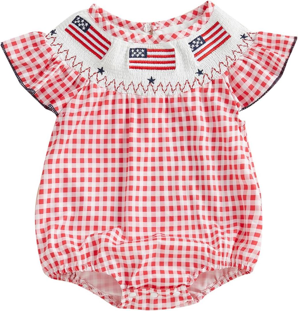 YolanerBaby 4th of July Baby Girl Outfit Flag Embroidery Smocked Bubble Romper Ruffle Bodysuit Cute Summer Clothes (Red Plaid, 0-3 Months)