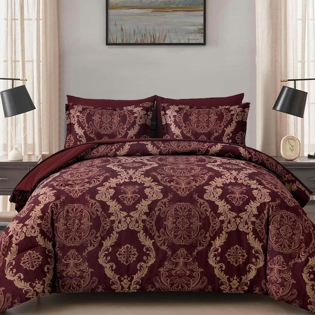 WONGS BEDDING Burgundy Comforter Set Queen Size, Maroon Damask Texture 7 Pieces Bed in a Bag Microfiber Comforter Bedding Sets -1 Comforter, 1 Flat Sheet, 1 Fitted Sheet, 2 Pillow Shams, 2 Pillowcases