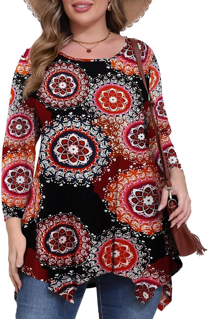 BELAROI Plus Size Tops for Women Fall Tunic Tops to Wear with Leggings 3/4 Sleeve Casual Swing Loose T Shirts Blouse S-5X (Red, XXL)