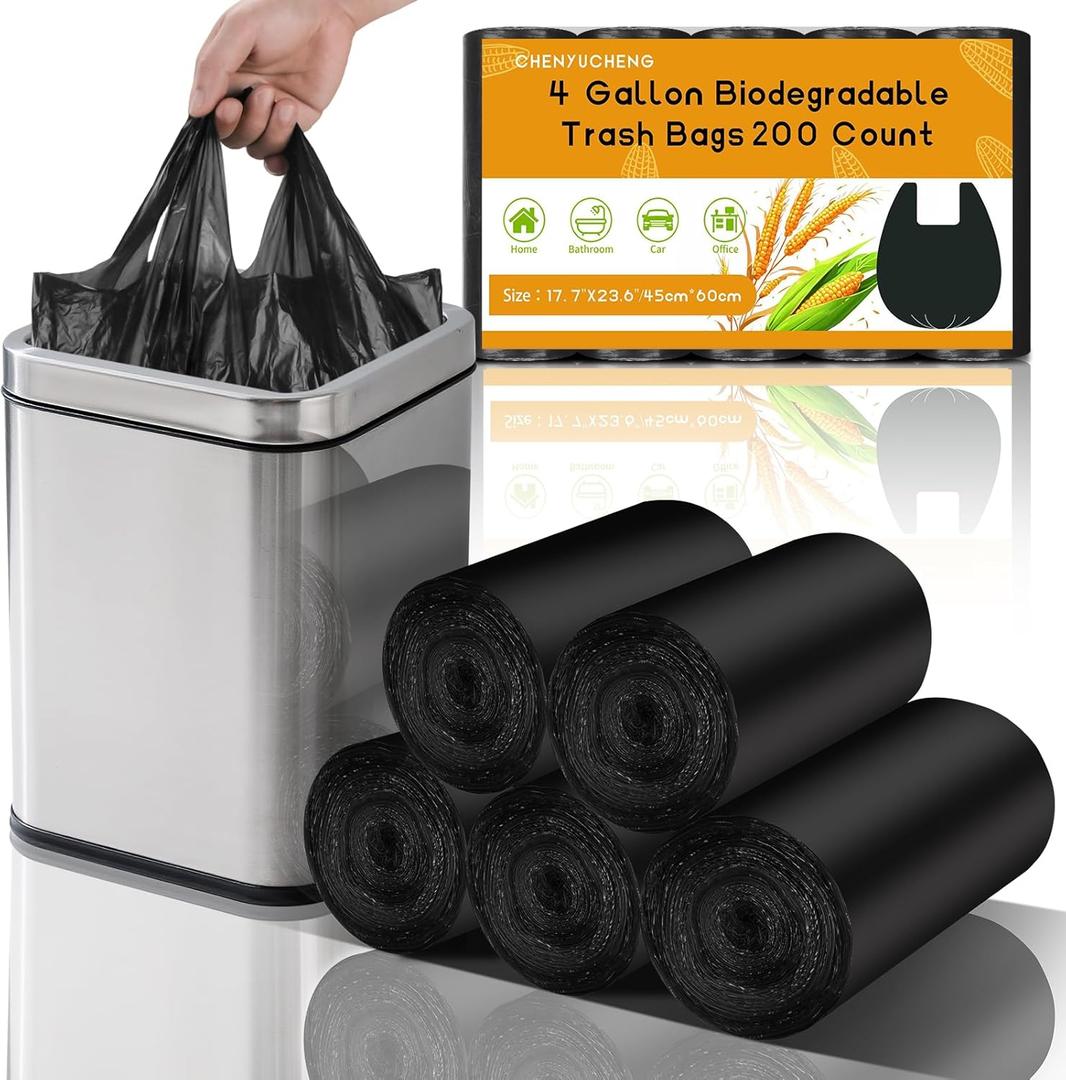 4 Gallon Small Trash-Bags With Handles - Black 4 Gal Mini Garbage Bag 200 Count Biodegradable Unscented 15 Liter Tiny Waste Basket Liners Bathroom Kitchen Office Car Strong Thick Bulk Chenyucheng