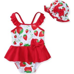 Mikrdoo Baby Girl Swimsuit Ruffled Bikini Tankini Swimsuit Infant Swimwear One Piece Bathing Suits Summer Clothes with Hat (Pink, M)