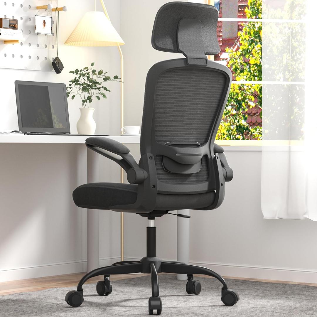 Ergonomic Office Chair for Long Hours & Back Pain Relief  Adjustable Lumbar Support & Headrest, High-Density Foam Cushion, Flip-Up Armrests, Perfect for Work & Study, Black