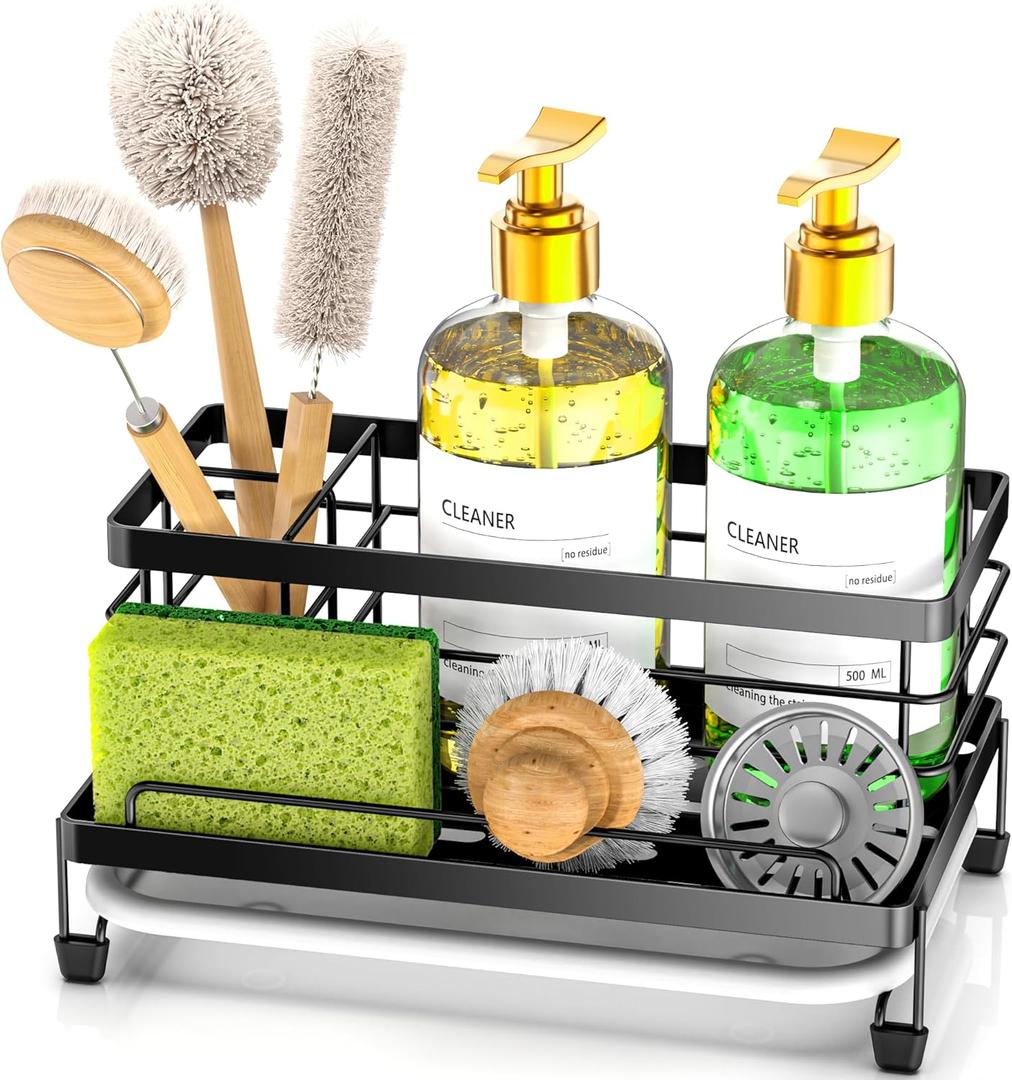 Cisily Large Black Sponge Holder for Kitchen, Sink Caddy Sink Organizer Rack for Kitchen Accessories with Drip Tray, Rustproof and Non-slip, Soap Dispenser Countertop Organizer Essentials for New Home