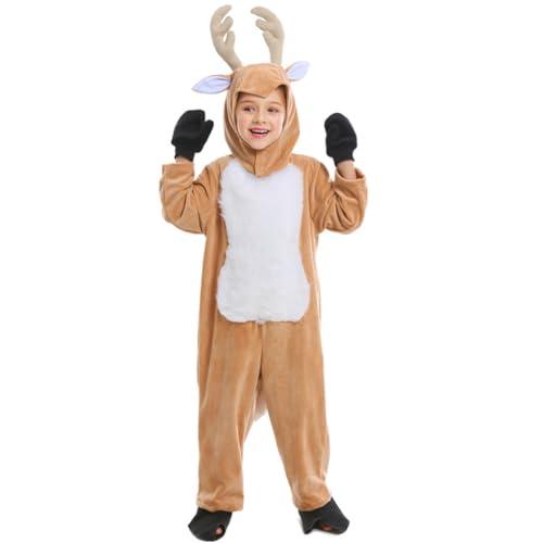 EVGVAT Kids Christmas Reindeer Costume Deer Animal Outfits Onesie Party for Boys and Girls (5-7Years)