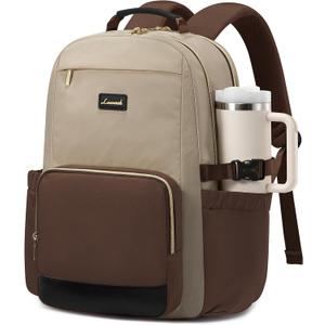 LOVEVOOK Laptop Backpack for Women with Pouch Pocket for Large Capacity Cup,17 Inch Teacher Nurse College Work Backpack Purse,Waterproof Laptop Bag Computer Back Pack for Travel, Khaki-Coffee-Black