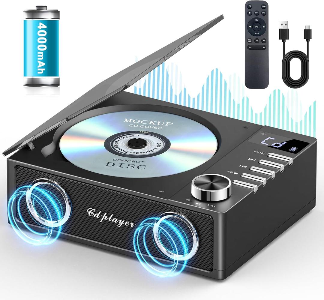 Portable CD Player with Bluetooth 5.3, Greadio CD Player with Speakers for Home, 4000mAh Rechargeable Retro CD Music Player with Remote Control, LED Display, Supports USB/TF/AUX, Optical Input