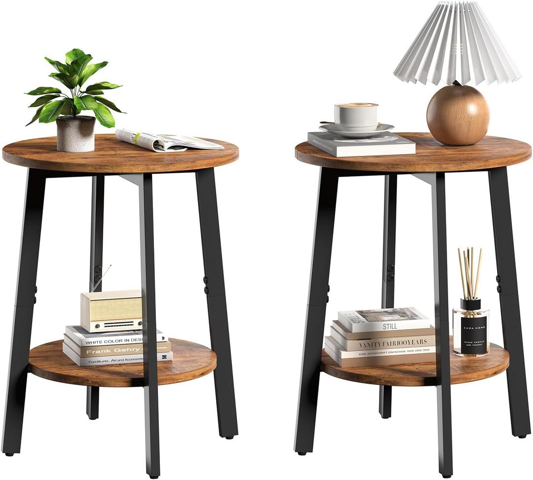 sthmec Side Table Set of 2, Small Round End Table with Storage Shelf for Small Space, 2-Tier Bedside Table Sofa Couch Table, Nighstands Set of 2 Accent Table for Living Room, Bedroom, Rustic Brown