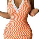 Ryehack Womens Summer Halter Mini Dress Backless Sundress Striped V Neck Bodycon Beach Vacation Sexy Birthday Club Outfits (Large, Orange)