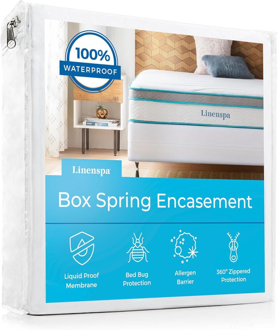 Linenspa Box Spring Encasement  King Size Box Spring Cover  Zippered and Waterproof Protector, Complete Protection  White