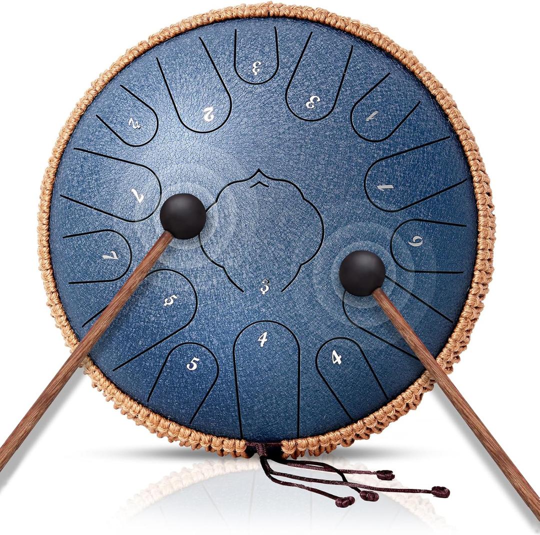 Steel Tongue Drum- 15 Note 14 Inches D-key Rain Drum Sound Healing Instruments - Handpan Drum for Meditation Entertainment Musical Education Concert Mind Healing Yoga (Navy Blue)