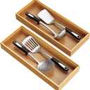 Bamboo Drawer Organizer, Stackable Utensil Trays for Kitchen, Wood Silverware Organizer for Drawer, Set of 2-15"x6"x2"