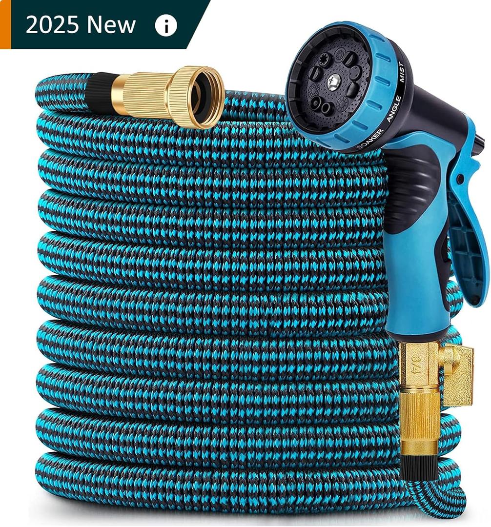 Expandable Garden Hose 100 ft, 2025 Upgraded No Kink Flexible Water Hose 100ft with 10 Pattern Spray Nozzle, 3/4 Solid Brass Connectors, Retractable Latex Core, Lightweight Expanding Hose