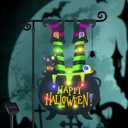 Halloween Lighted Garden Flag for Outside, Led Solar Yard Flag 8 Modes Witch Feet Shape Flag, 12x18 Double Sided Cauldron Eyeball Black Cat Decorations for Home Porch (Multi Colored-12x18)