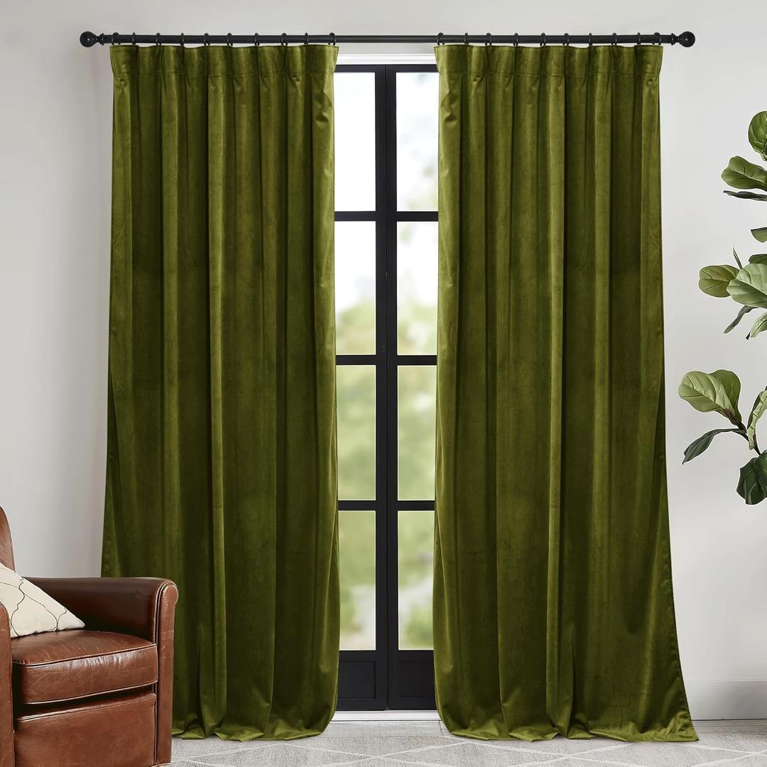 RYB HOME Moss Green Velvet Curtains 96 inches, Luxury and Soft Velvet Fabric, Spring Summer Decorative Curtains & Drapes for Patio Doory Room Window, W 52 x L 96 inches, 2 Panels Set