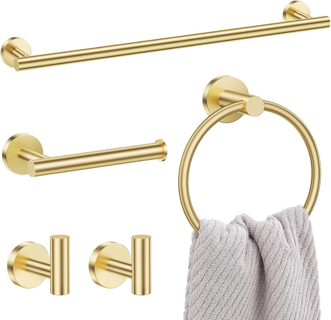Lairuier Bathroom Towel Holder Set, 5-Piece Towel Bar Set Brushed Gold Steel Wall Mounted Bathroom Hardware Accessories Stainless Steel Set Towel Holder Set