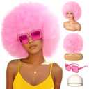Colored Afro Wigs for Women Men 70s and Disco Sunglasses Set, Funny Wig with Curly Bouncy Huge Fluffy Puff and Oversize Retro Rhinestone Sunglasses - for Costume Cosplay Party (Pink)