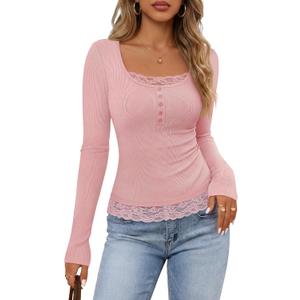 MEROKEETY Womens Fall Lace Trim Tops Cute Long Sleeve Scoop Neck Shirt 2026 (Pink, S)