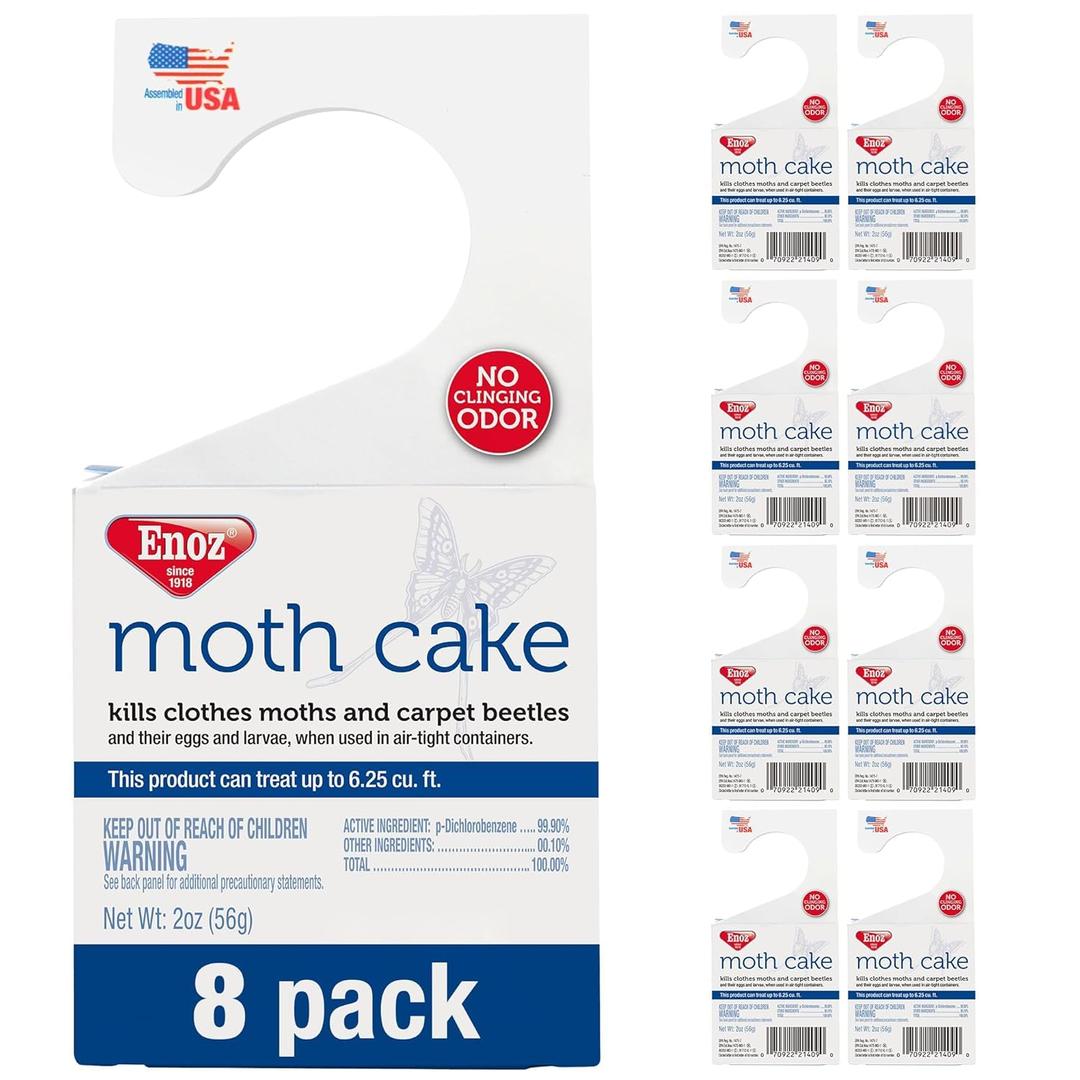 Enoz Moth Cakes  8 Pack  Easily Hangs in Closets & Garment Bags  Kills Clothes Moths, Carpet Beetles, Eggs & Larvae  Treats 6.25 Cubic Feet